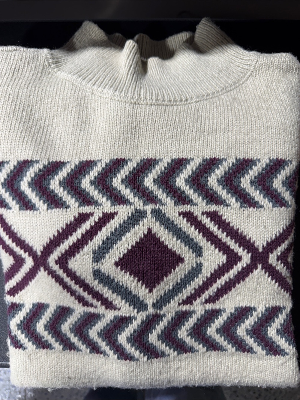 Aventura Cream Mock Neck Sweater with Plum and Gray Geometric Pattern